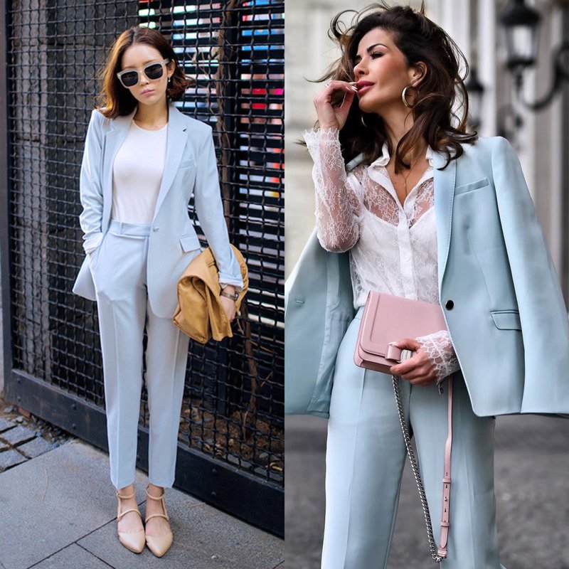 Look classique en costumes de couleurs pastel