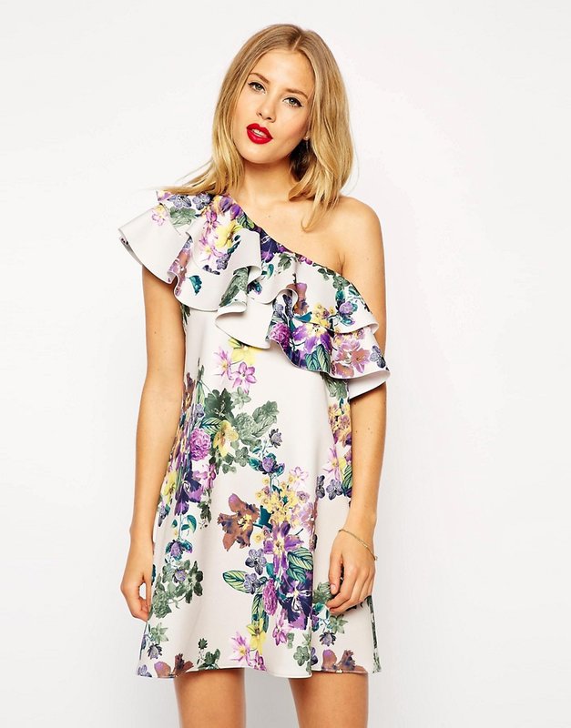 Rochie cu un umăr cu imprimeu floral