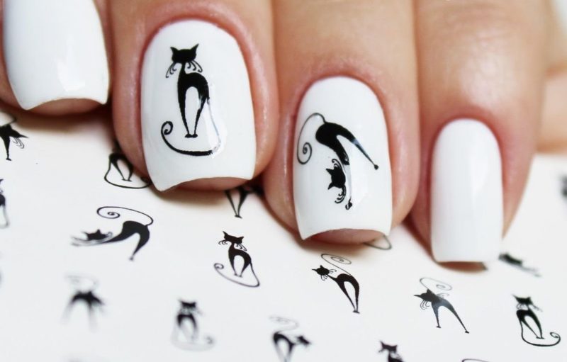 Ongles blancs avec des coulisses de chats