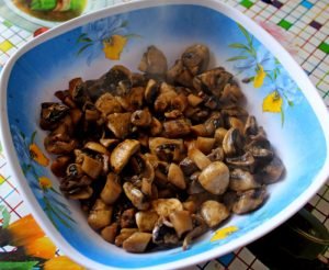 Salade de haricots, champignons et biscottes