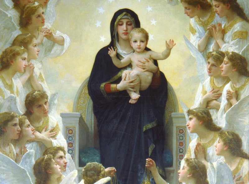 Malý Ježiš v náručí Matky Božej obklopenej apoštolami