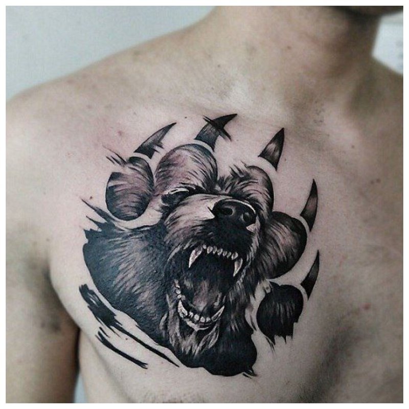 Wolfs poot en mond - de borsttattoo van een man